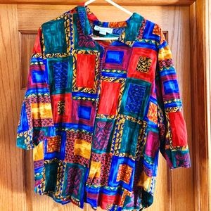 80s 90s Art Deco Revival Rayon Button-Up Shirt Wild Colorful 3X Shoukder Pads